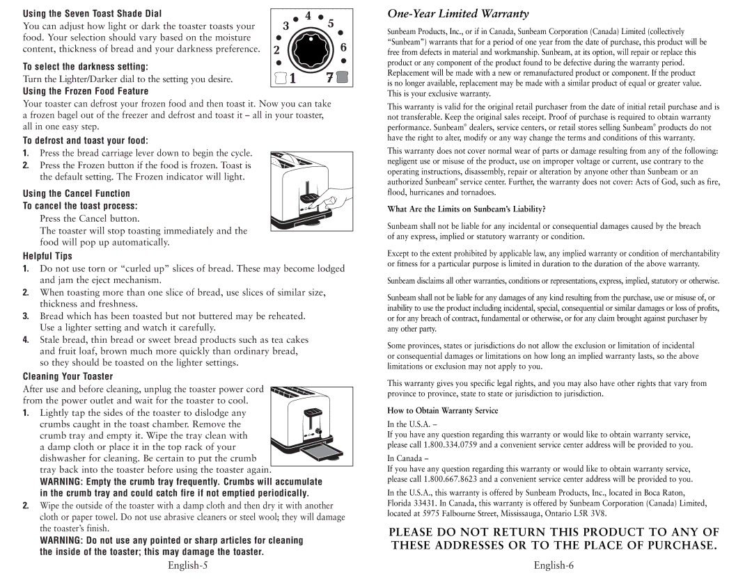 Oster 6327, 6325-33, 6334 user manual English-5, English-6 