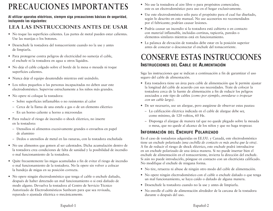 Oster 6327, 6325-33 Instrucciones DEL Cable DE Alimentación, Información DEL Enchufe Polarizado, Español-1 Español-2 