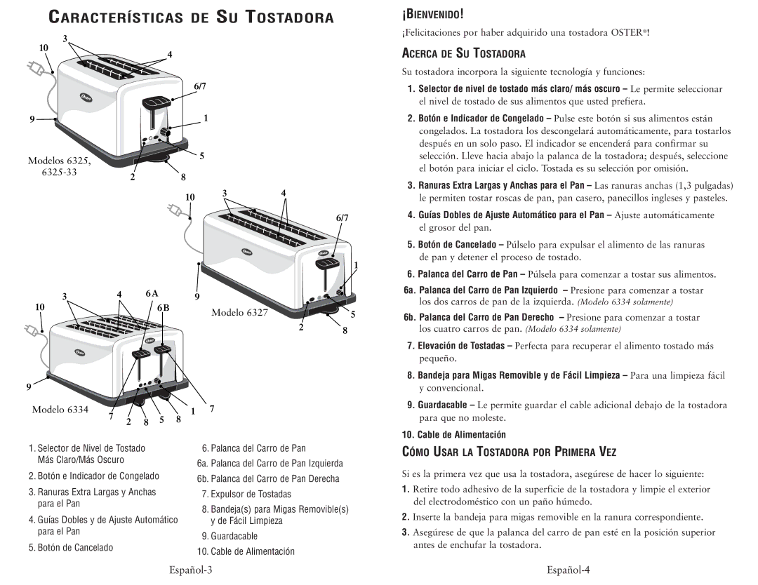 Oster 6325-33, 6327, 6334 ¡Bienvenido, Acerca DE SU Tostadora, Cómo Usar LA Tostadora POR Primera VEZ, Español-3 Español-4 