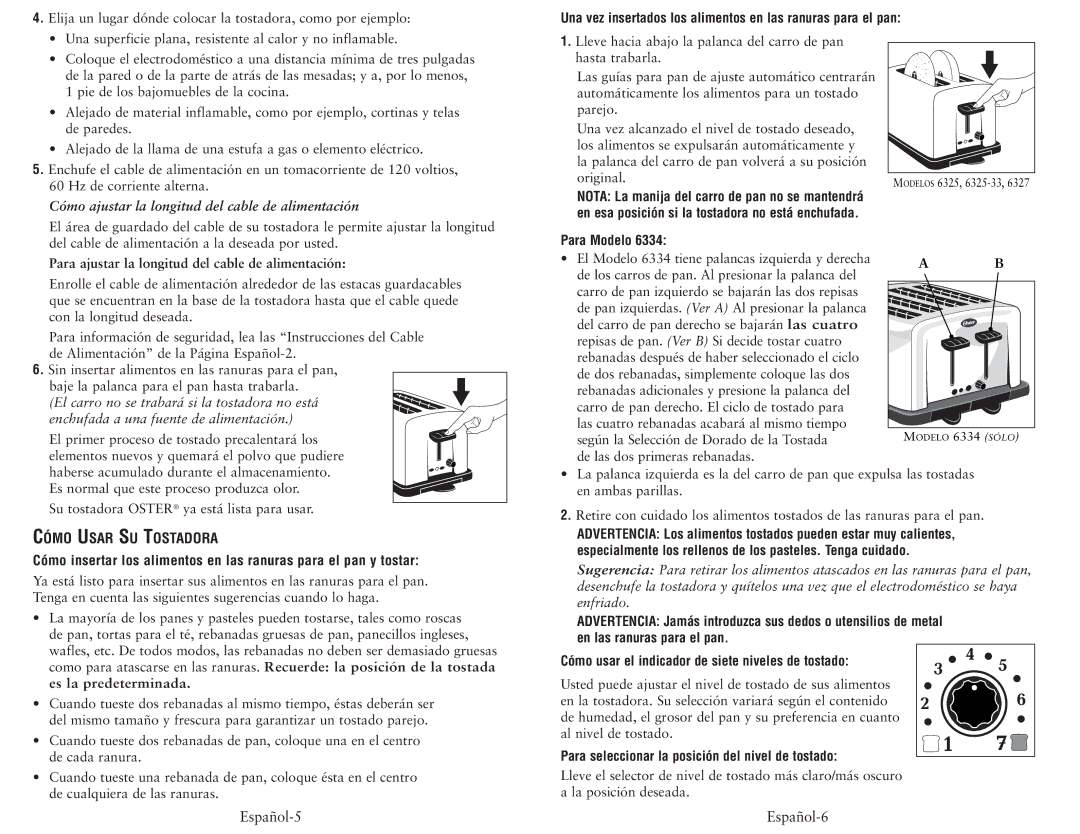 Oster 6334, 6327, 6325-33 user manual Cómo Usar SU Tostadora, Español-5, Español-6 