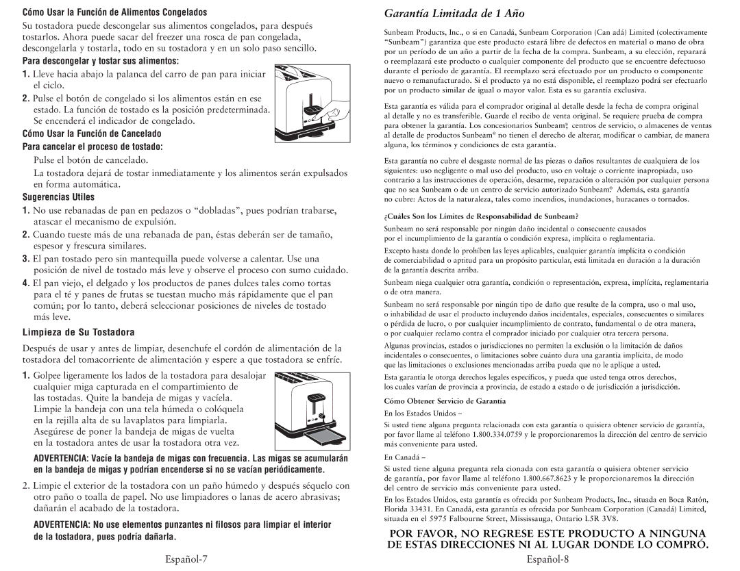 Oster 6327 Español-7 Español-8, Cómo Usar la Función de Alimentos Congelados, Para descongelar y tostar sus alimentos 