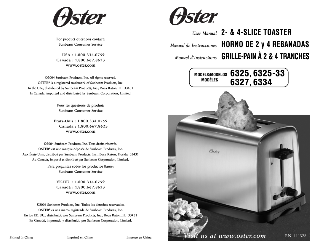 Oster user manual 6327, 6334, 6325-33, Manual de Instrucciones HORNO DE 2 y 4 REBANADAS, USA Canada, EE.UU Canadá 