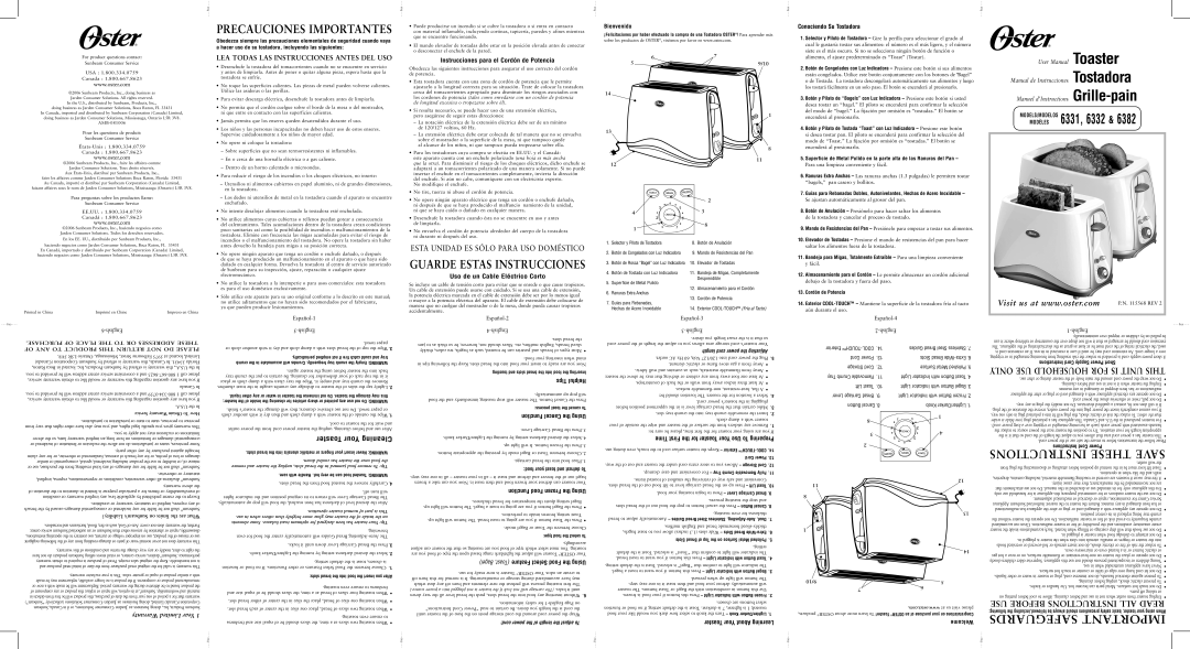 Oster 6332 user manual Instrucciones para el Cordón de Potencia, Uso de un Cable Eléctrico Corto, Conociendo Su Tostadora 