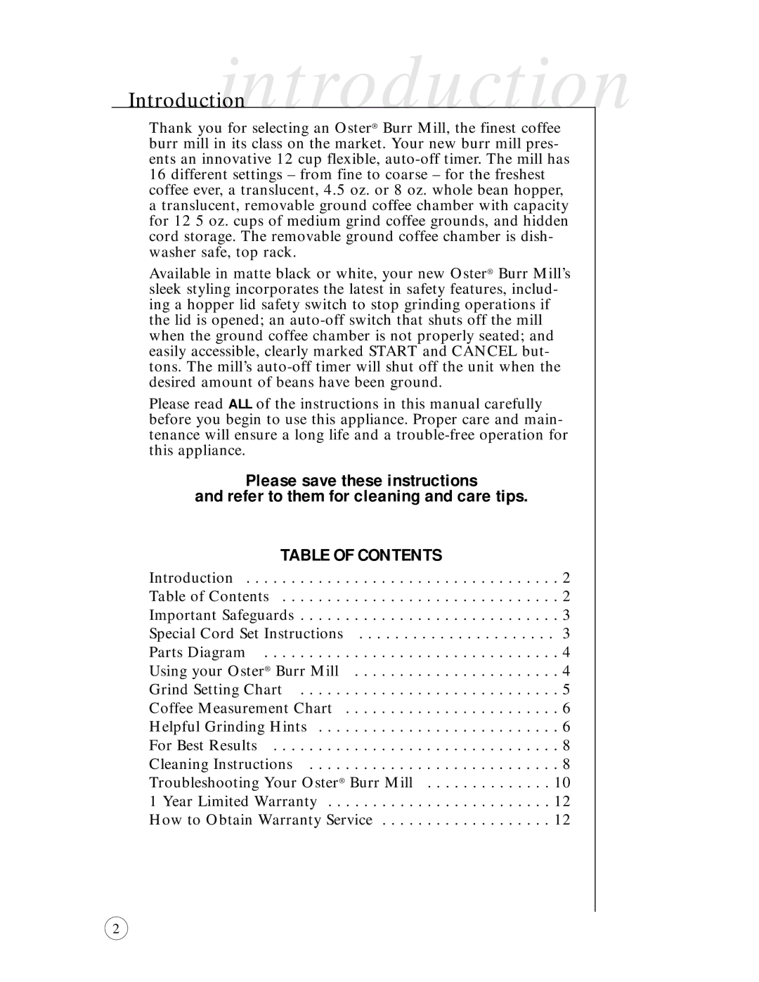 Oster 6389-33 user manual Introductionintroduction, Table of Contents 