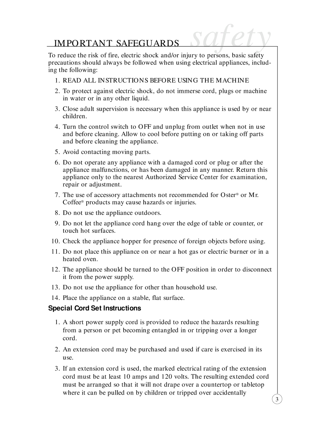 Oster 6389-33 user manual Important Safeguards safety, Read ALL Instructions Before Using the Machine 