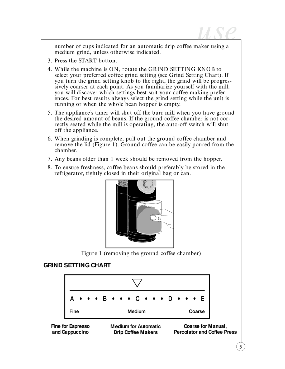 Oster 6389-33 user manual Grind Setting Chart, Removing the ground coffee chamber 