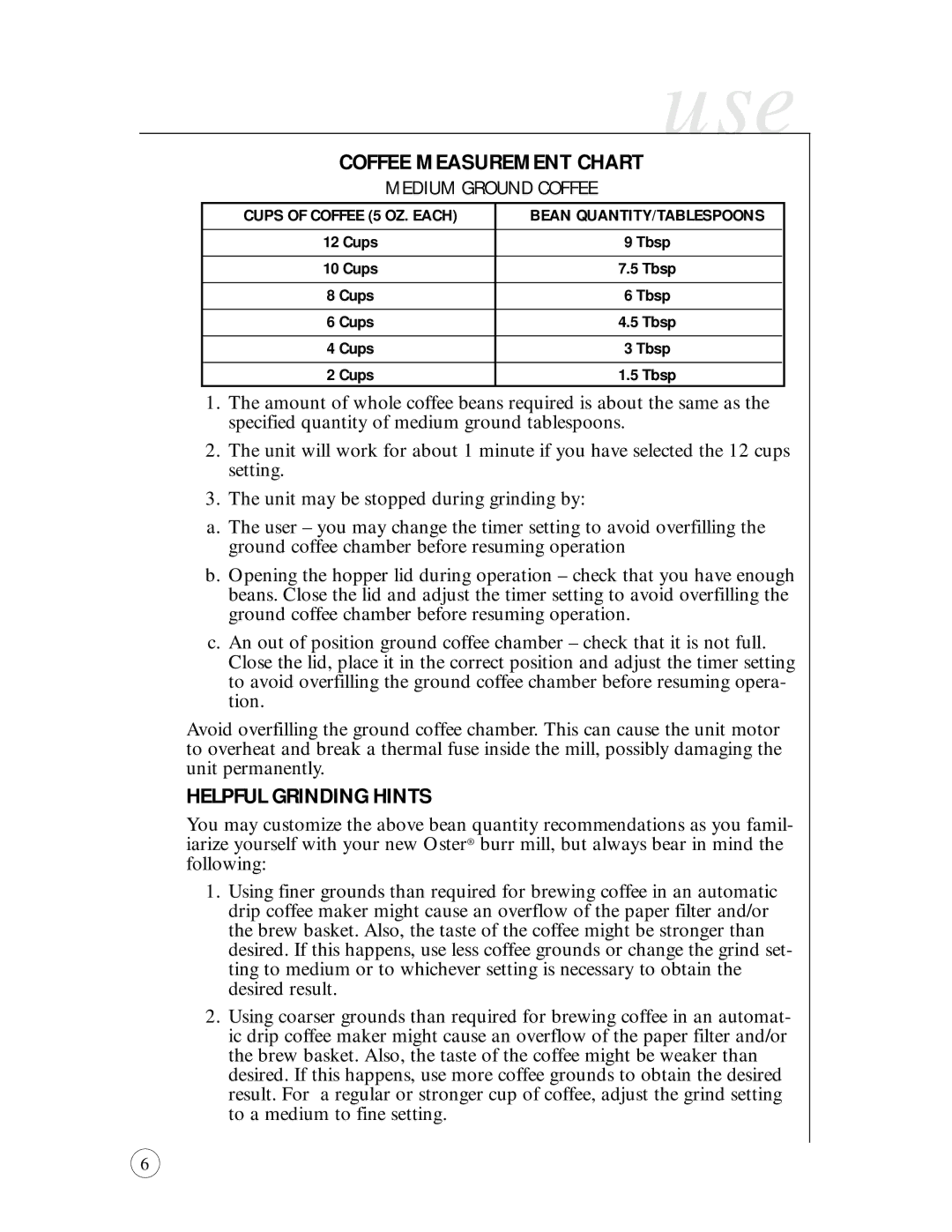 Oster 6389-33 user manual Coffee Measurement Chart, Helpful Grinding Hints 