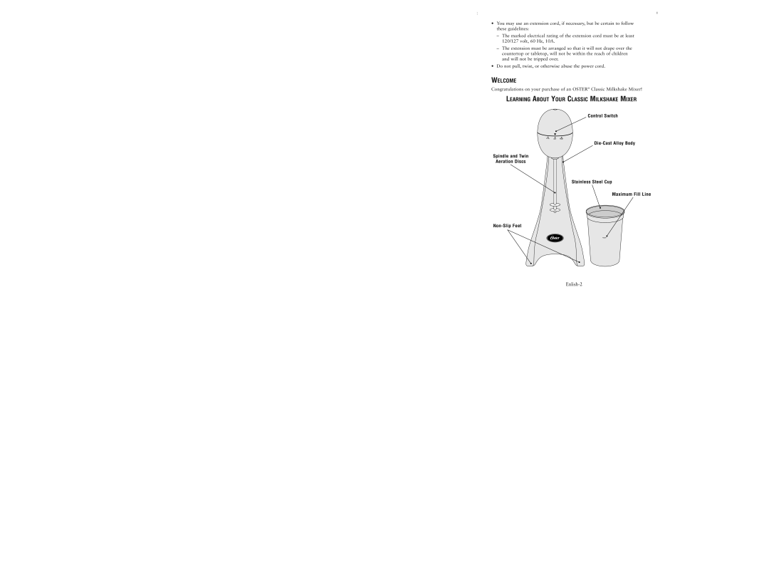 Oster 6625, 6626, 6627 warranty Welcome, Learning about Your Classic Milkshake Mixer 