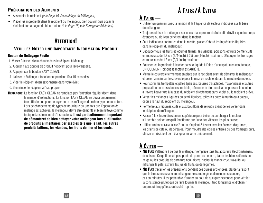 Oster 6640, 6646 Fa I R E /À Év I Ta R, Préparation DES Aliments, Veuillez Noter UNE Importante Information Produit, Faire 