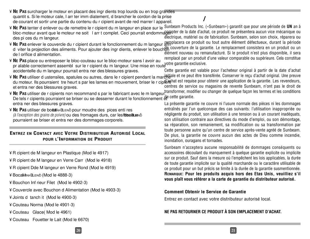 Oster 6642 AN DE Garantie Limitée, Pour L’INFORMATION DE Produit, NE PAS Retourner CE Produit À SON Emplacement D’ACHAT 