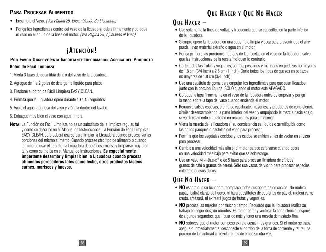 Oster 6646, 6640, 6642 ¡ Atención, QU E Hacer Y QUE no Hacer, Para Procesar Alimentos, Botón de Fácil Limpieza 