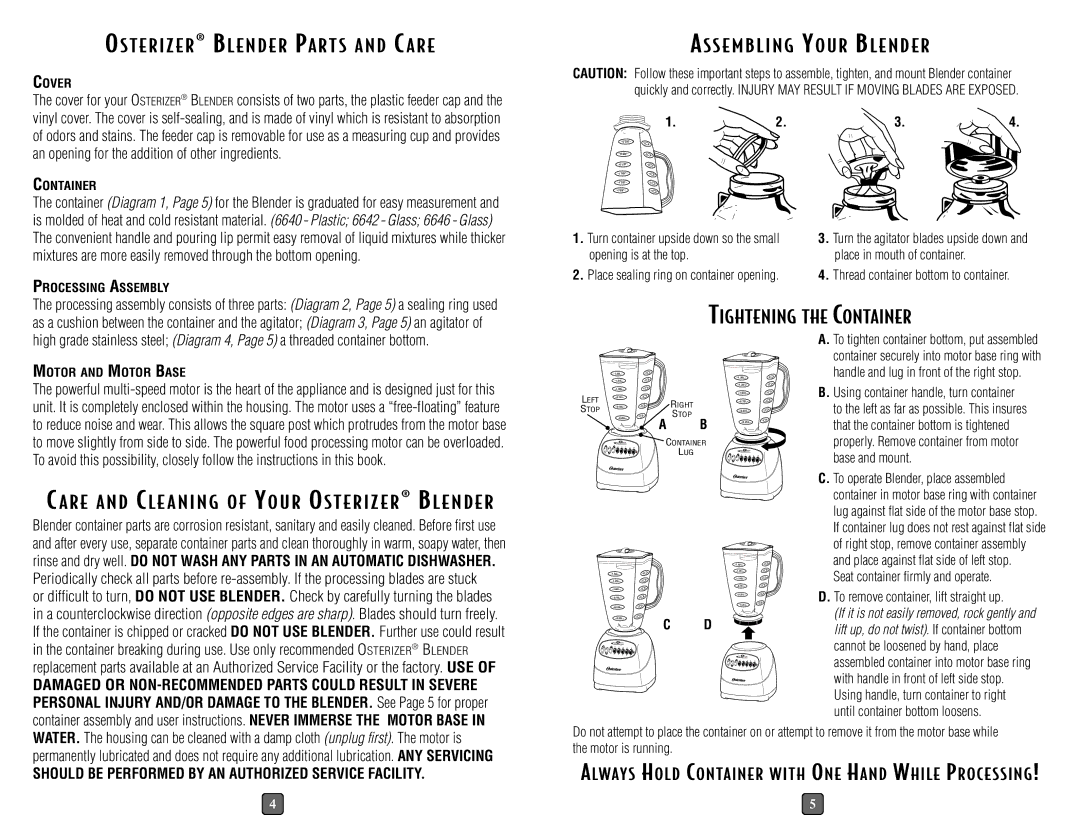 Oster 6646, 6640, 6642 instruction manual Tightening the Container, Ass E M B L I N G Yo U R Bl E N D E R 