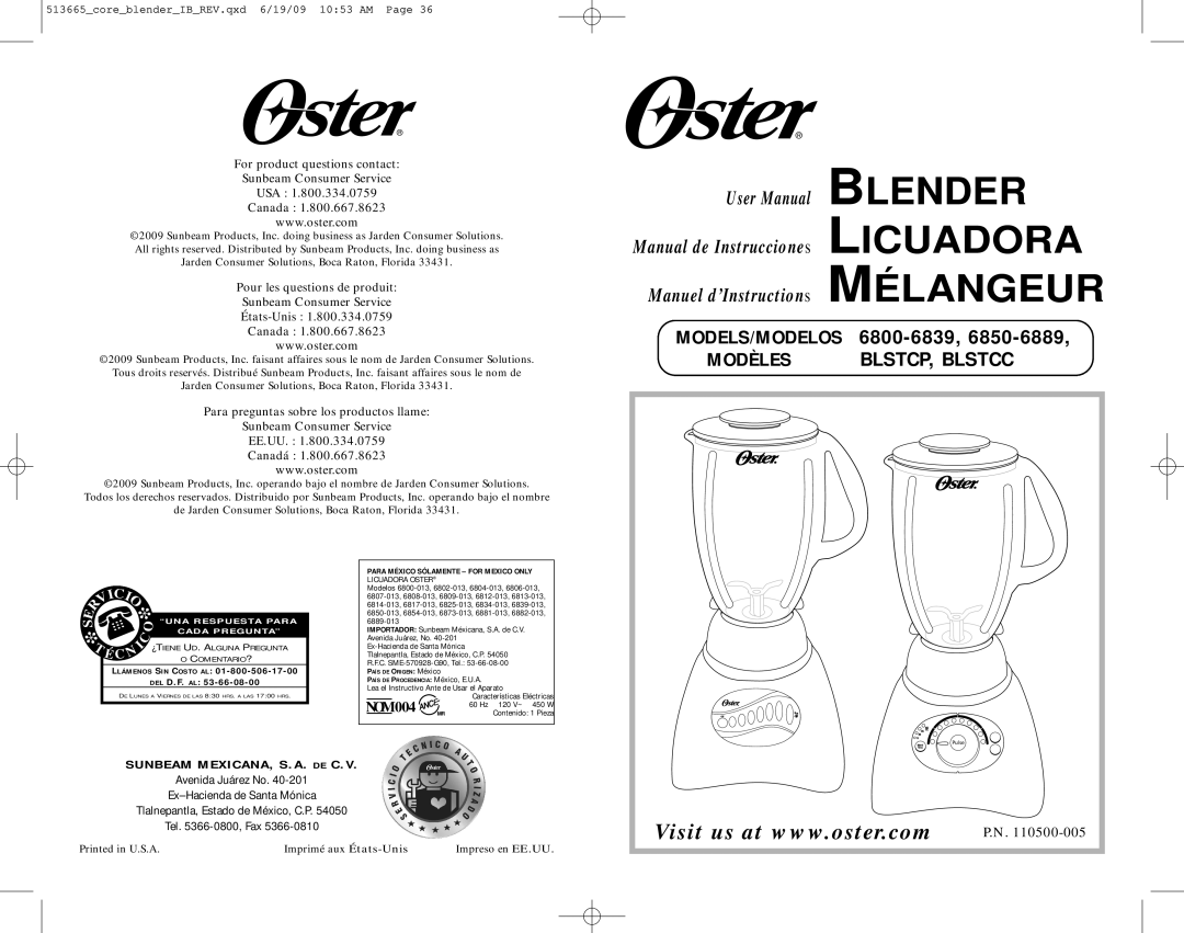 Oster 6800-6839 user manual Blender Licuadora 