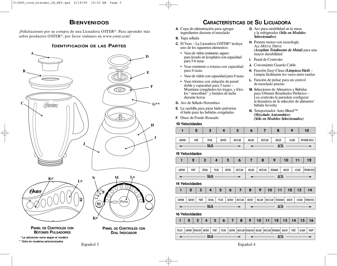 Oster 6800-6839 user manual Bienvenidos Características DE SU Licuadora, Identificación DE LAS Partes 