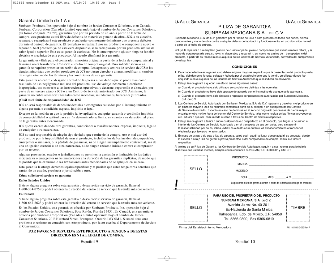 Oster 6800-6839 user manual Póliza DE Garantía 