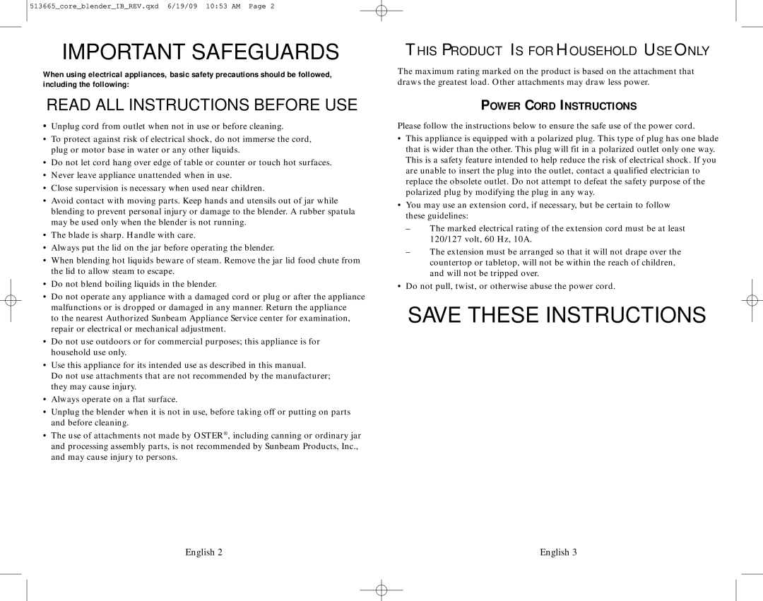 Oster 6800-6839 user manual Important Safeguards, Power Cord Instructions 