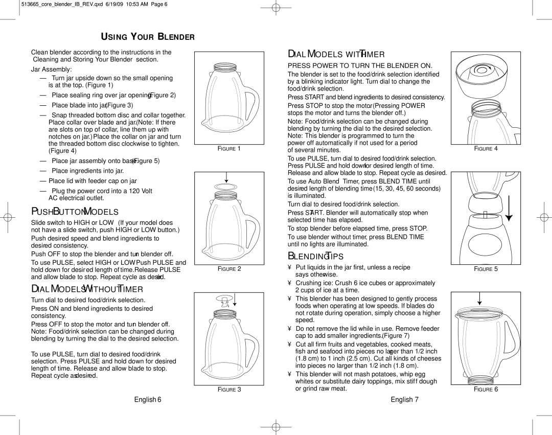 Oster 6800-6839 Using Your Blender, Push Button Models, Dial Models Without Timer, Dial Models with Timer, Blending Tips 