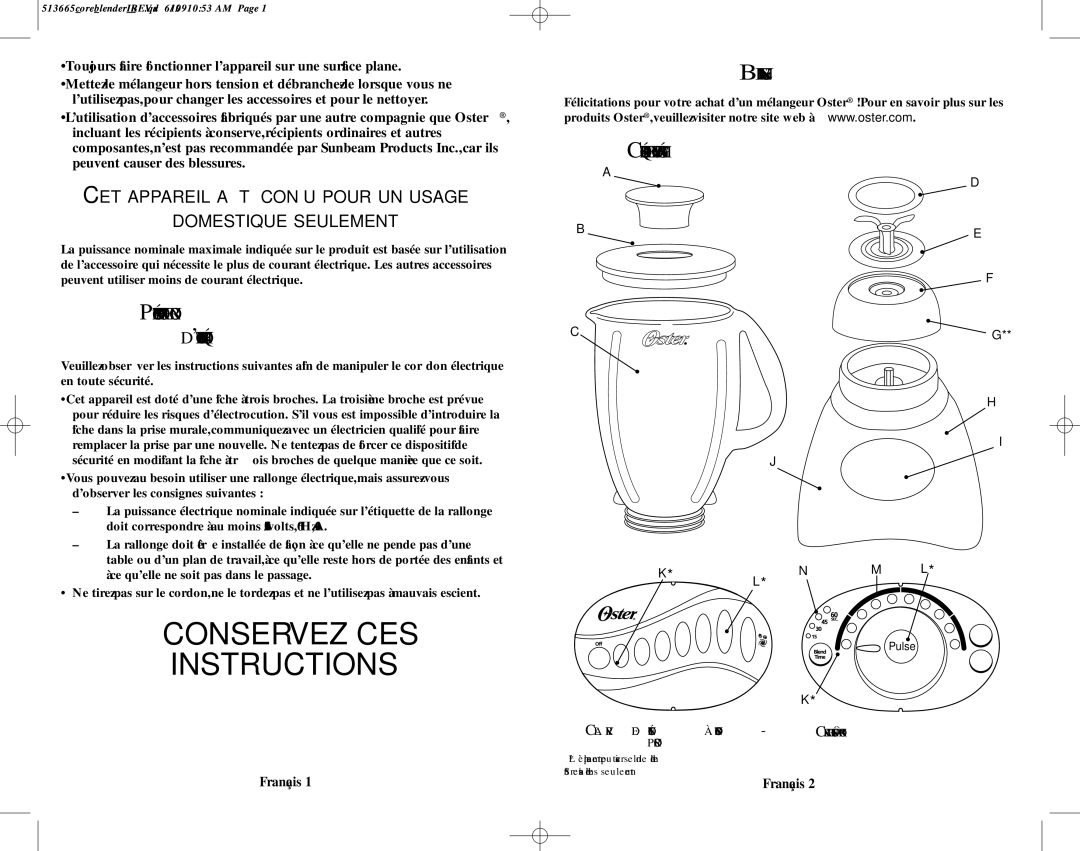 Oster 6800-6839 user manual Conservez CES Instructions, Précautions Concernant LE Cordon ’ALIMENTATION Électrique 