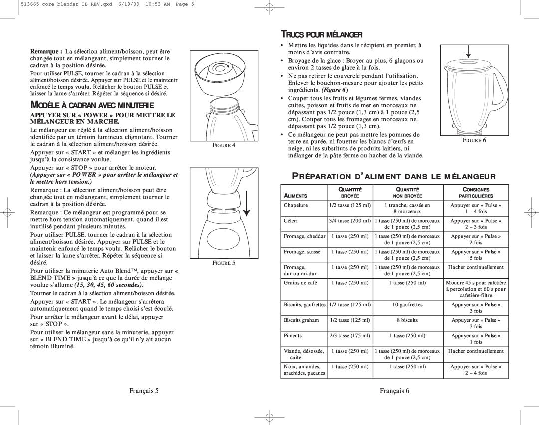 Oster 6800-6839 user manual Préparation D’Aliment Dans Le Mélangeur, Trucs Pour Mélanger, Modèle À Cadran Avec Minuterie 