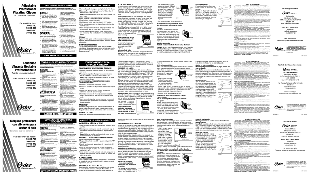 Oster 76080-310 warranty Blade Maintenance, Storage, Sharpening the Blades, Entretien DES Lames, Rangement, Almacenamiento 