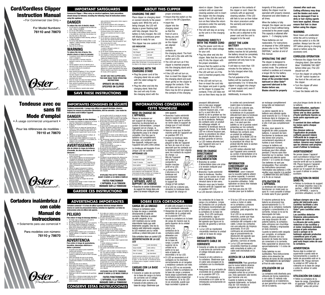 Oster 76110 78670 instruction manual Charging the Unit, Battery, Operating the Unit, Mise EN Charge DE, ’Appareil 