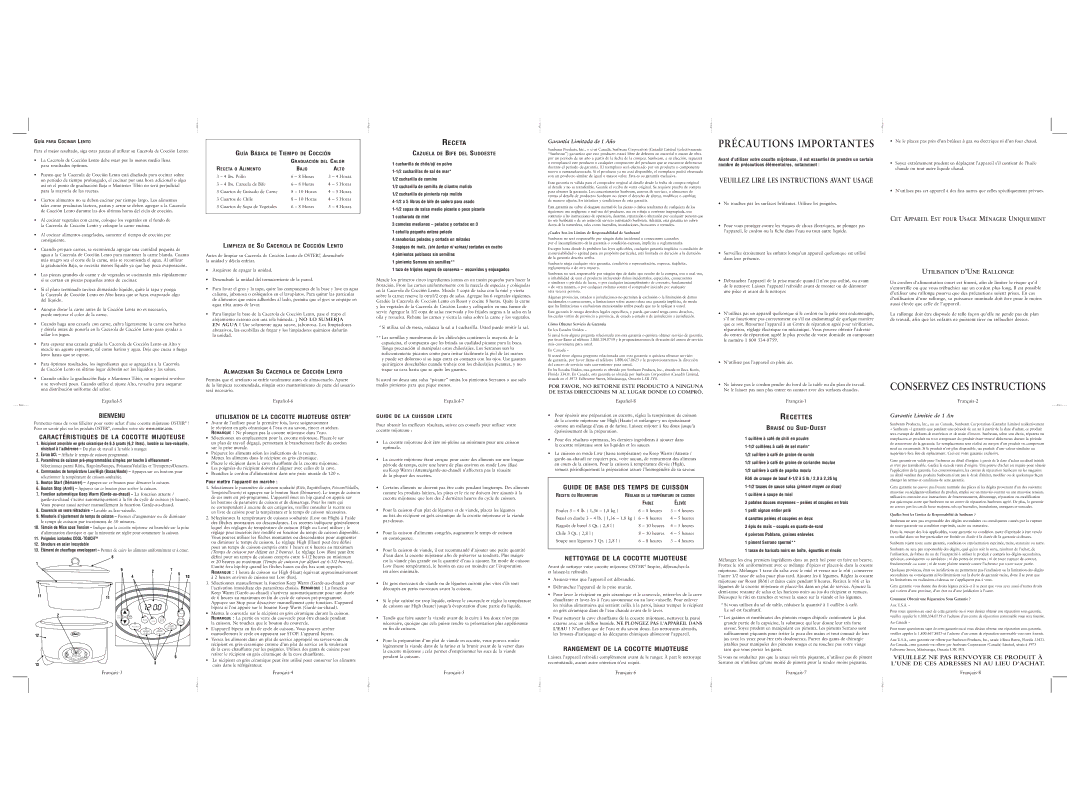 Oster 7660 user manual Précautions Importantes 