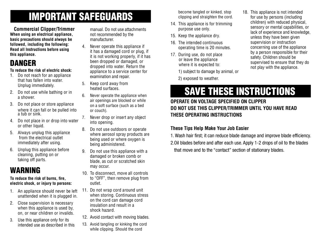 Oster 76988 instruction manual Commercial Clipper/Trimmer, These Tips Help Make Your Job Easier 