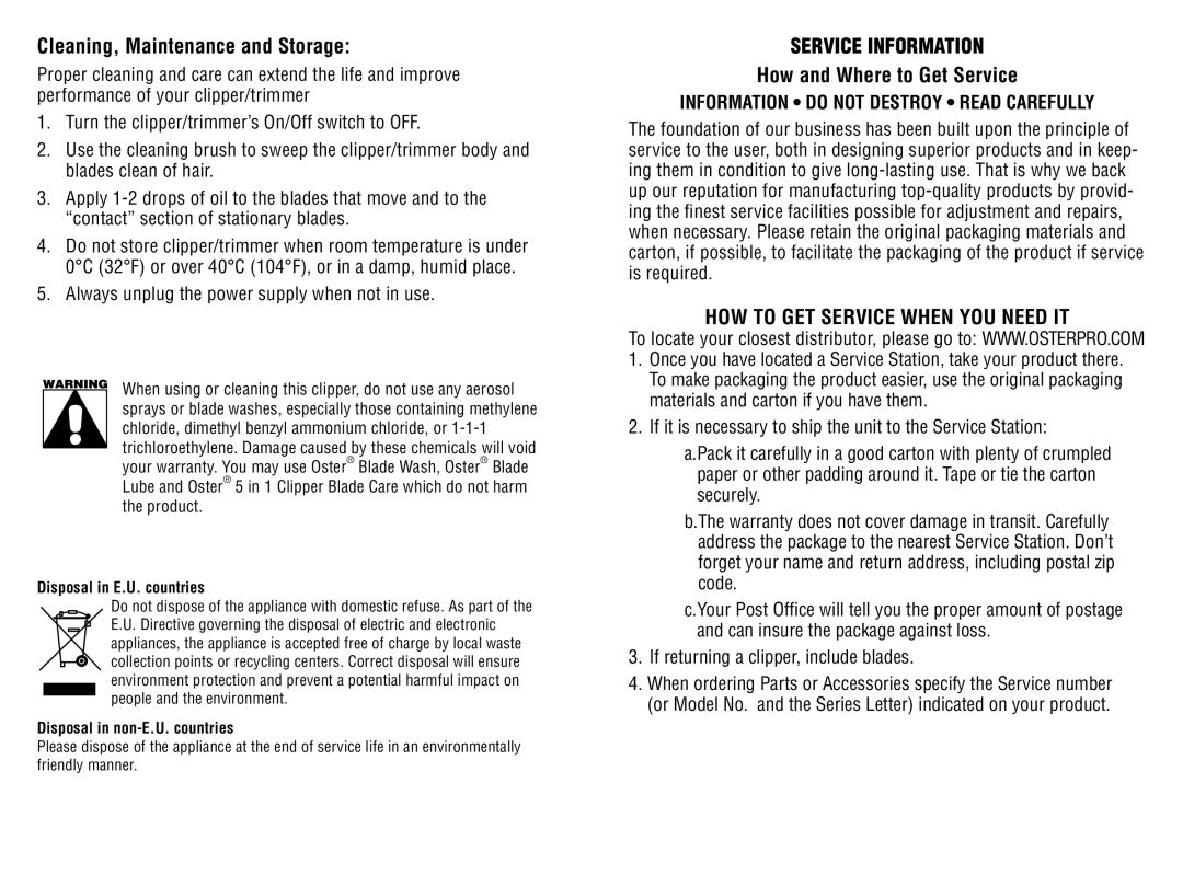 Oster 76988 instruction manual Cleaning, Maintenance and Storage, Service Information, How and Where to Get Service 