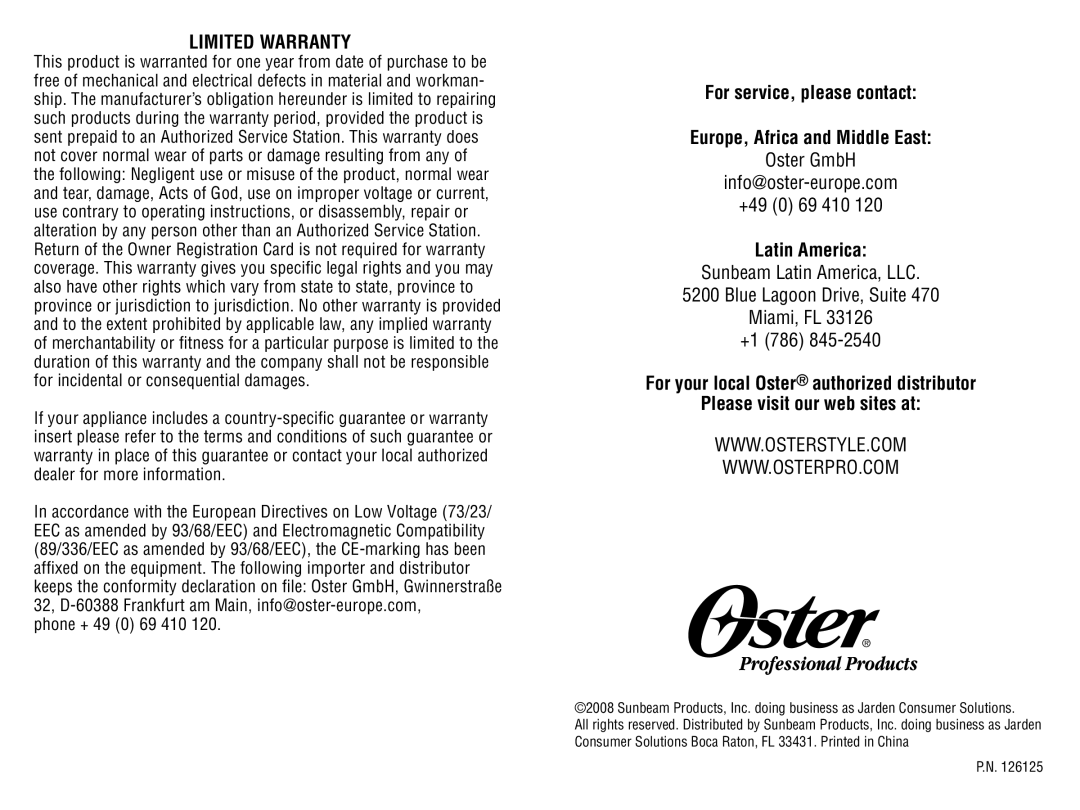 Oster 76988 instruction manual Limited Warranty, For service, please contact Europe, Africa and Middle East, Latin America 