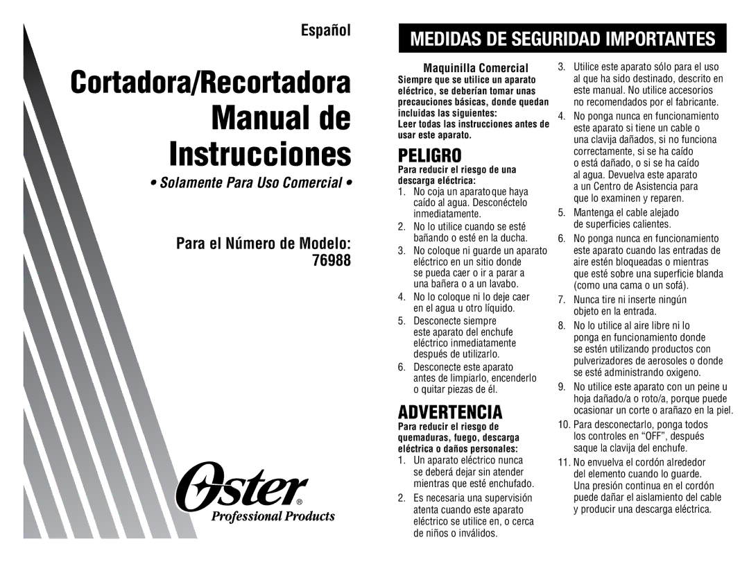 Oster 76988 instruction manual Español, Para el Número de Modelo, Maquinilla Comercial 