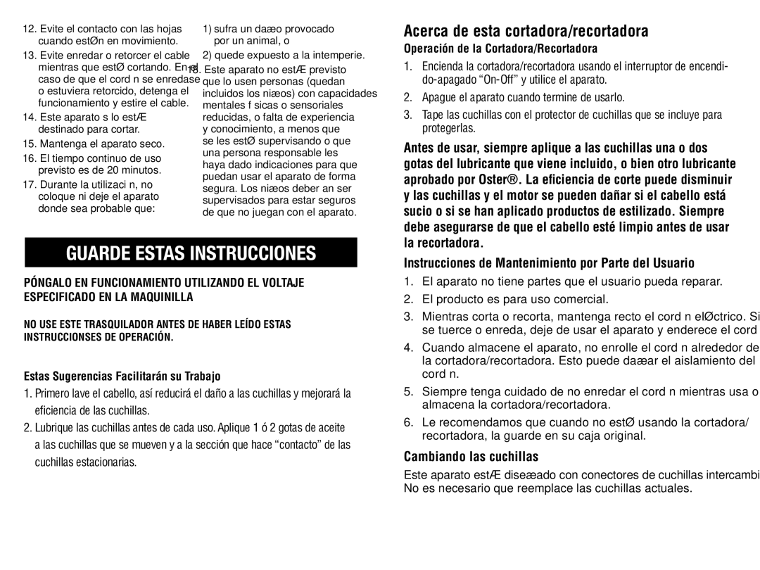 Oster 76988 instruction manual Acerca de esta cortadora/recortadora, Instrucciones de Mantenimiento por Parte del Usuario 