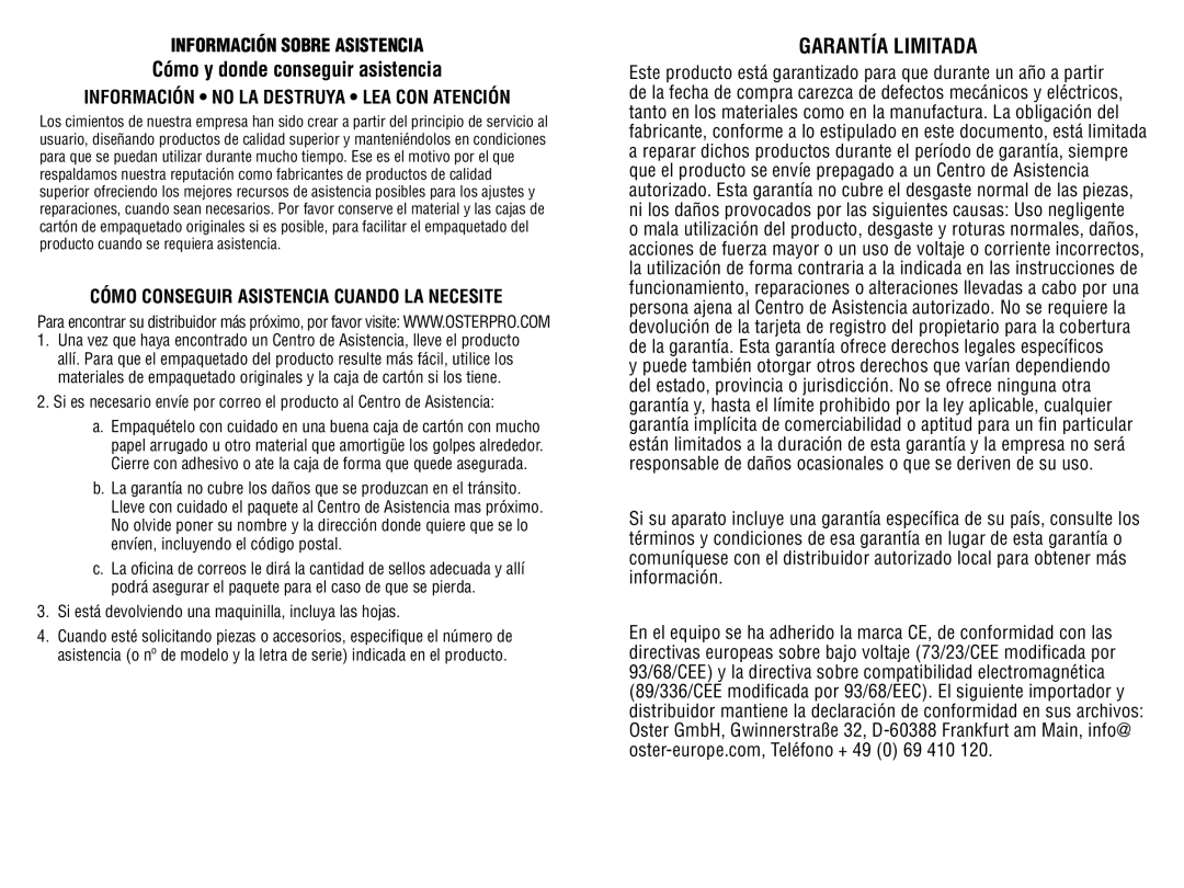 Oster 76988 instruction manual Cómo y donde conseguir asistencia, Garantía Limitada, Información Sobre Asistencia 