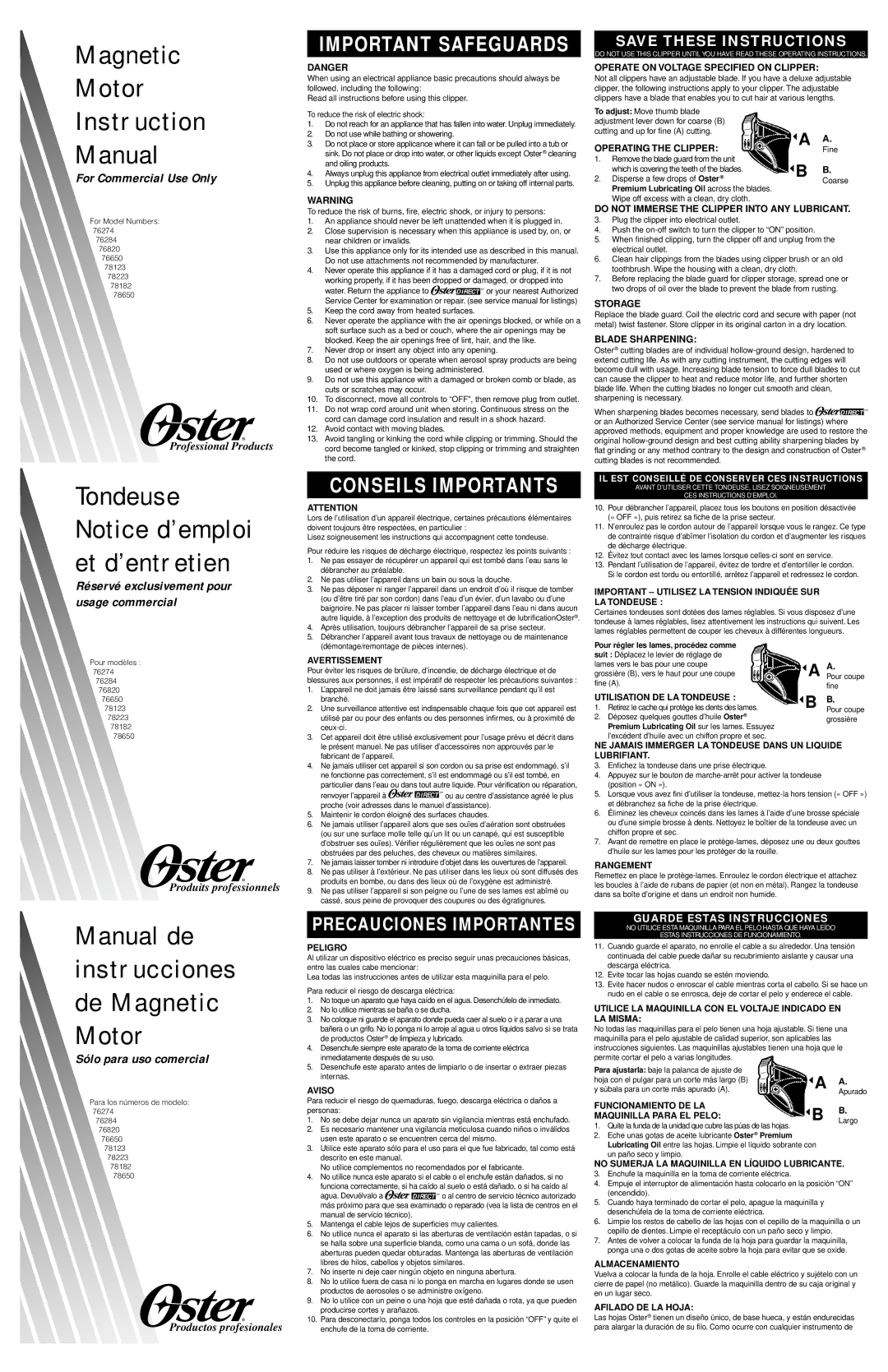 Oster 78182 instruction manual Operate on Voltage Specified on Clipper, Operating the Clipper, Storage, Blade Sharpening 