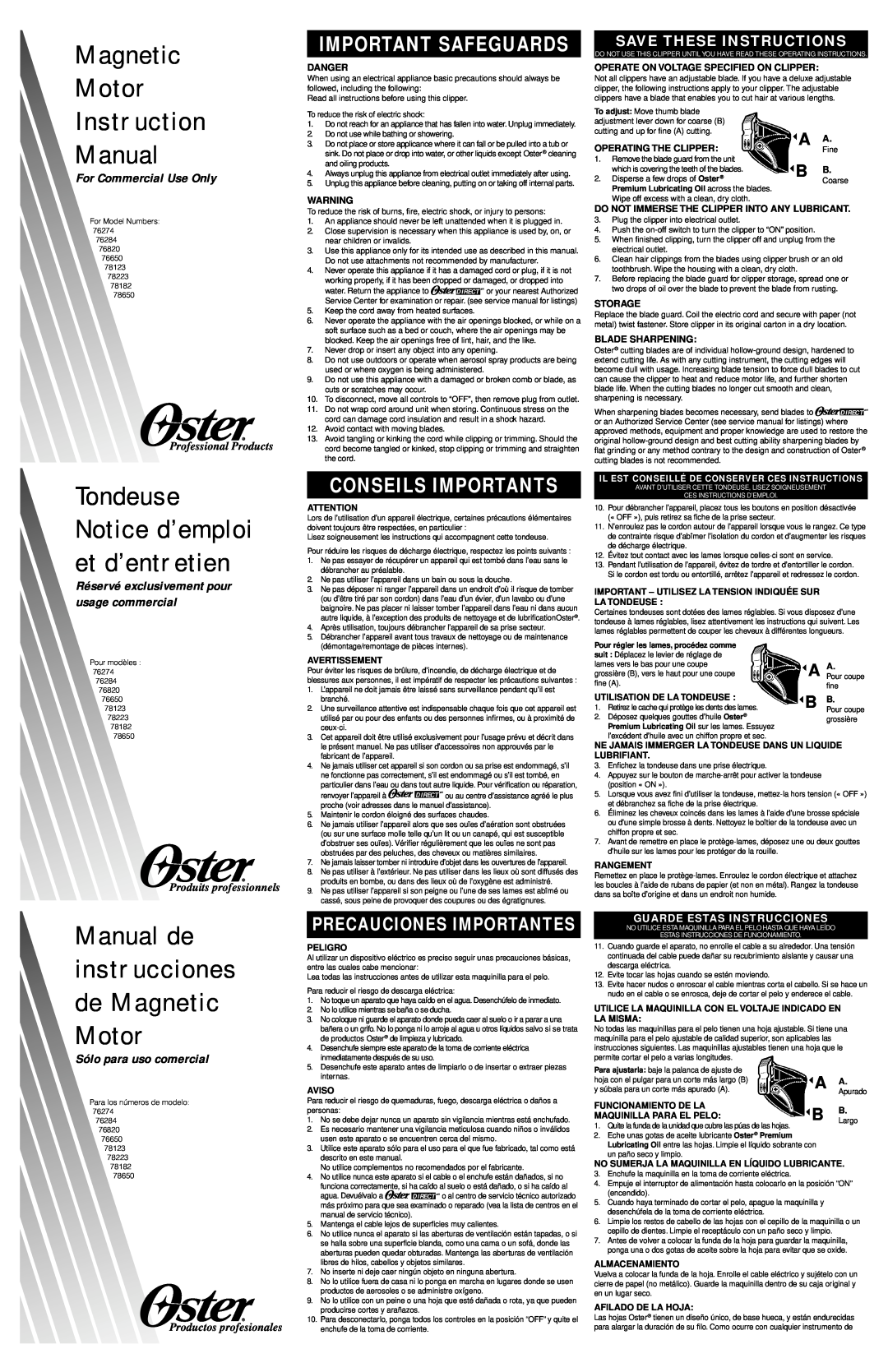 Oster 78182, 78123, 78650, 78223 instruction manual Professional Products, Produits professionnels, Productos profesionales 