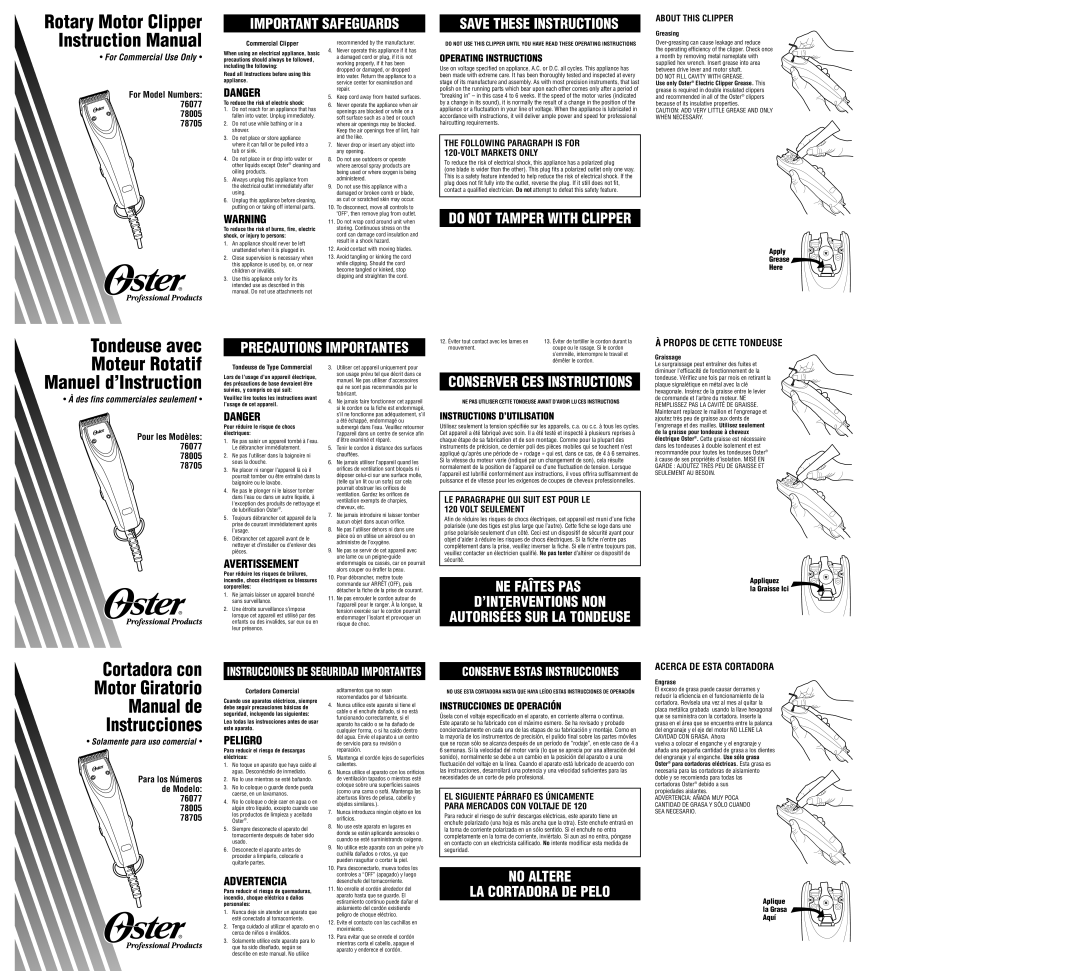 Oster 76077, 78705, 78005 instruction manual Greasing, Commercial Clipper, Graissage, Engrase, Cortadora Comercial 