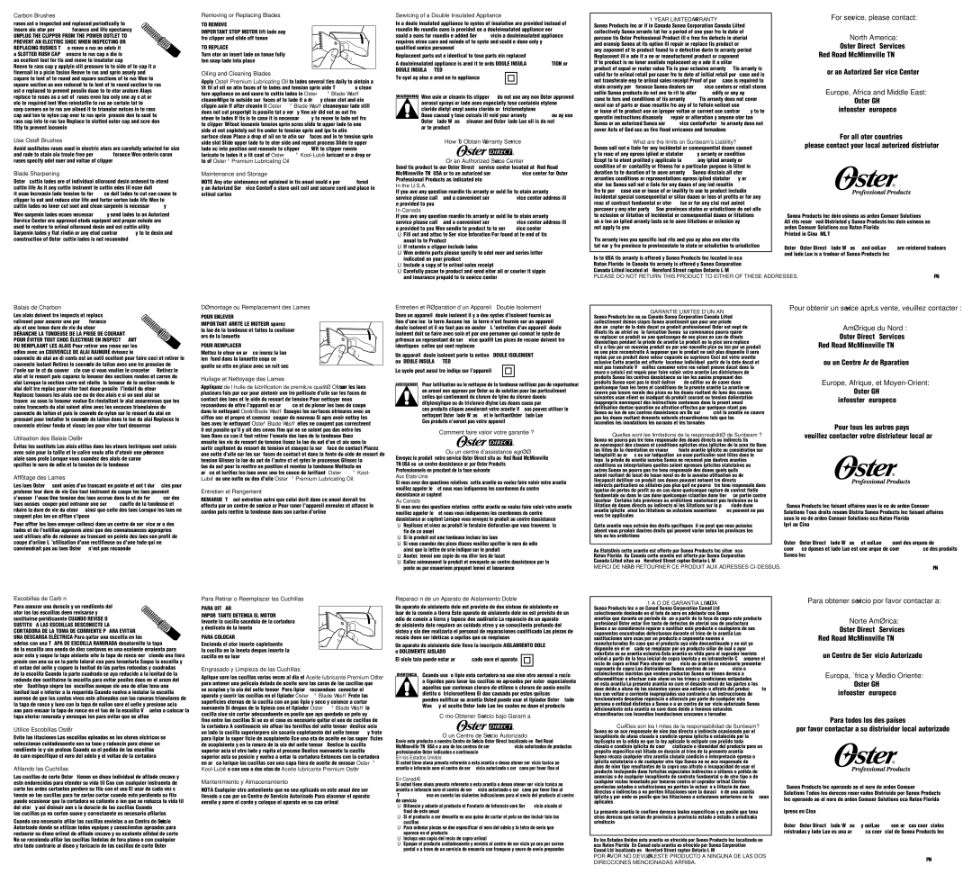 Oster 78005 Carbon Brushes, Use Oster Brushes, Blade Sharpening, Removing or Replacing Blades, Oiling and Cleaning Blades 