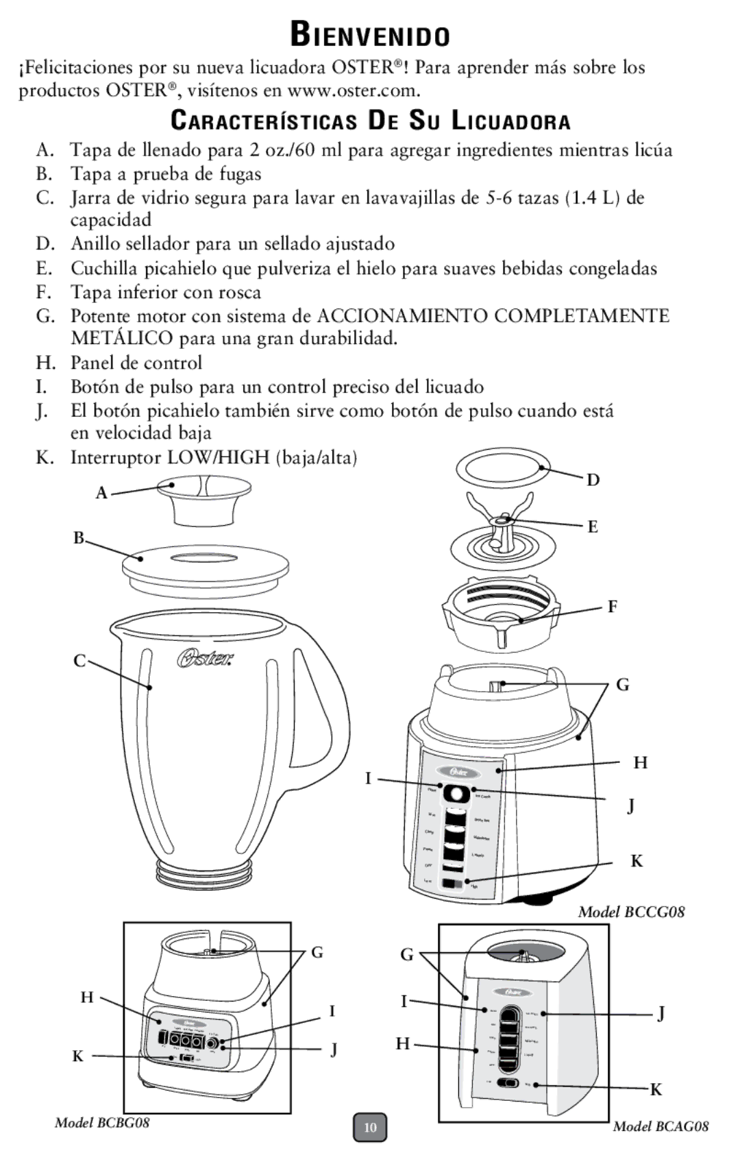 Oster BCBG08, BCCG08, BCAGO8 user manual Bienvenido, Características De Su Licuadora 