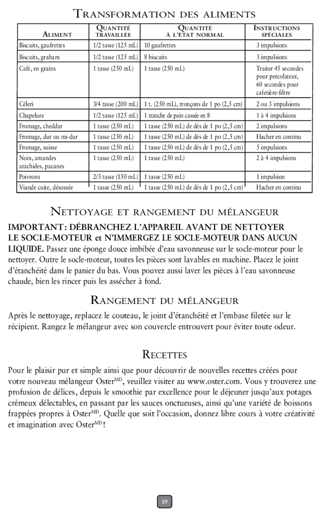 Oster BCBG08, BCCG08, BCAGO8 user manual Nettoyage et rangement du mélangeur 