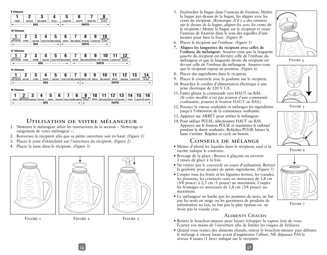 Oster blender user manual Utilisation DE Votre Mélangeur, Conseils DE Mélange, Aliments Chauds 