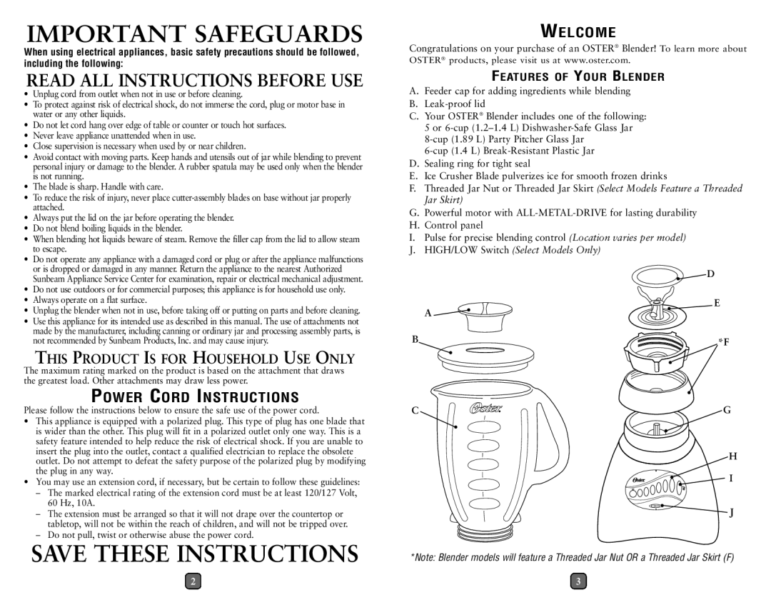 Oster blender user manual This Product is for Household USE only, Power Cord Instruc Tions, Welcome 