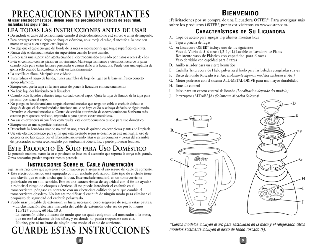 Oster blender user manual Este Producto ES Sólo Para USO Doméstico, Bienvenido 