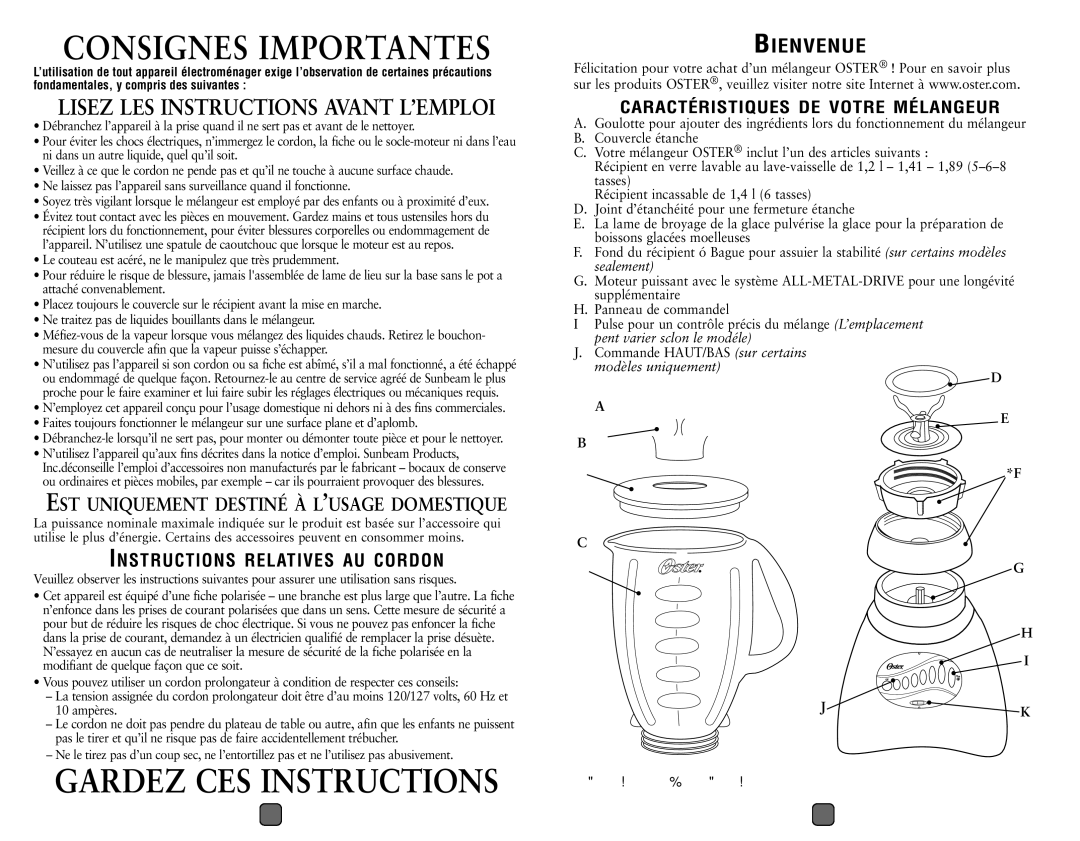 Oster blender user manual EST Uniquement Destiné À L’USAGE Domestique, Bienvenue 