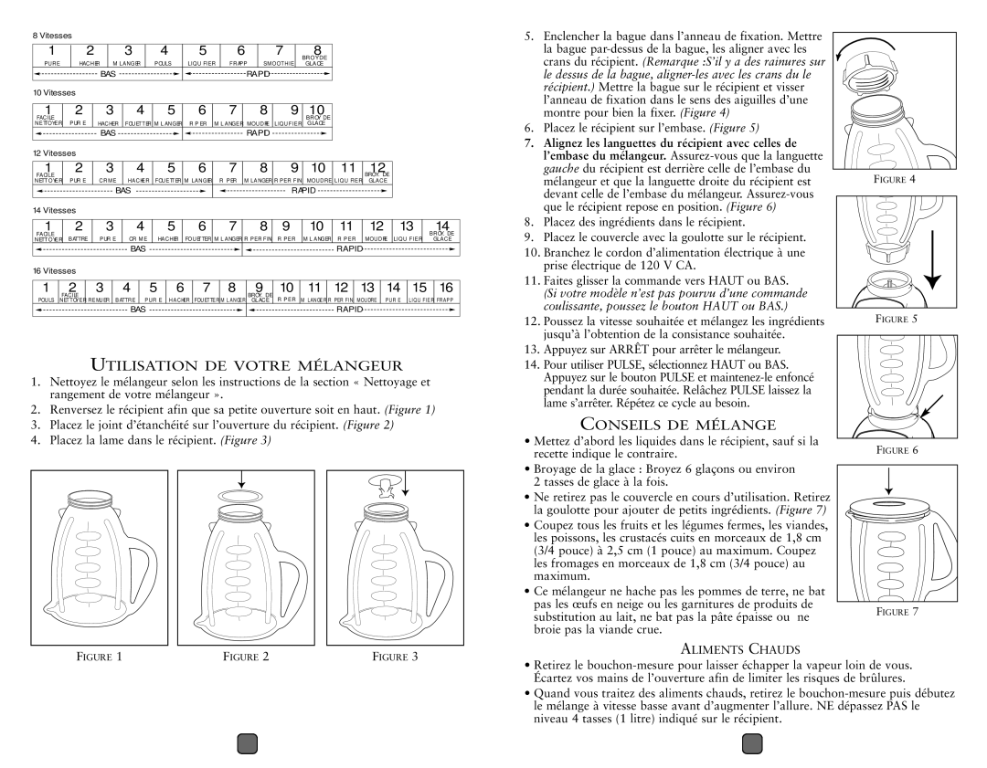 Oster blender user manual Utilisation DE Votre Mélangeur, Conseils DE Mélange, 321 87654, 432 