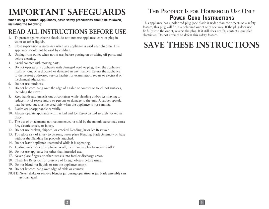 Oster BLSTET-C, BLSTET-B user manual Important Safeguards, Power Cord Instructions 