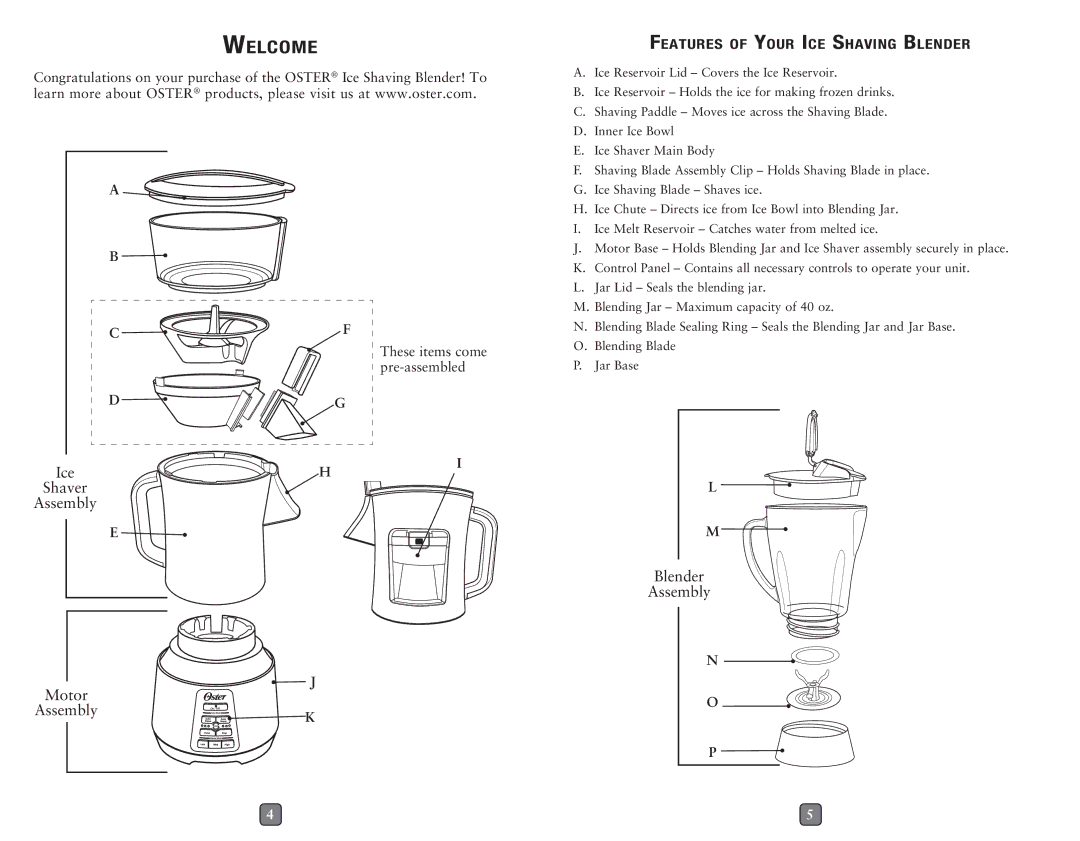 Oster BLSTET-B, BLSTET-C user manual Welcome, These items come pre-assembled 