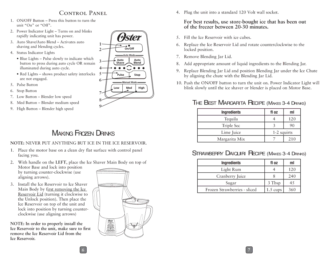 Oster BLSTET-C, BLSTET-B user manual Control Panel, Making Frozen Drinks, Plug the unit into a standard 120 Volt wall socket 