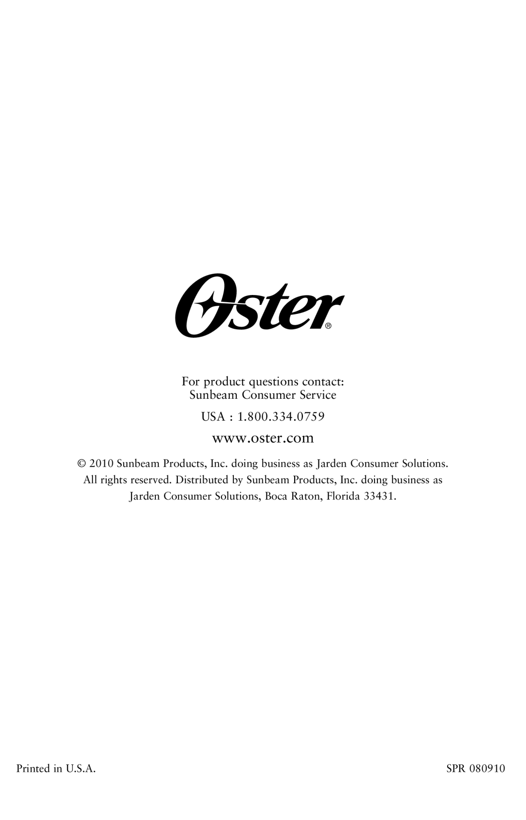 Oster BLSTMG-W, 133093-002 user manual For product questions contact Sunbeam Consumer Service USA 