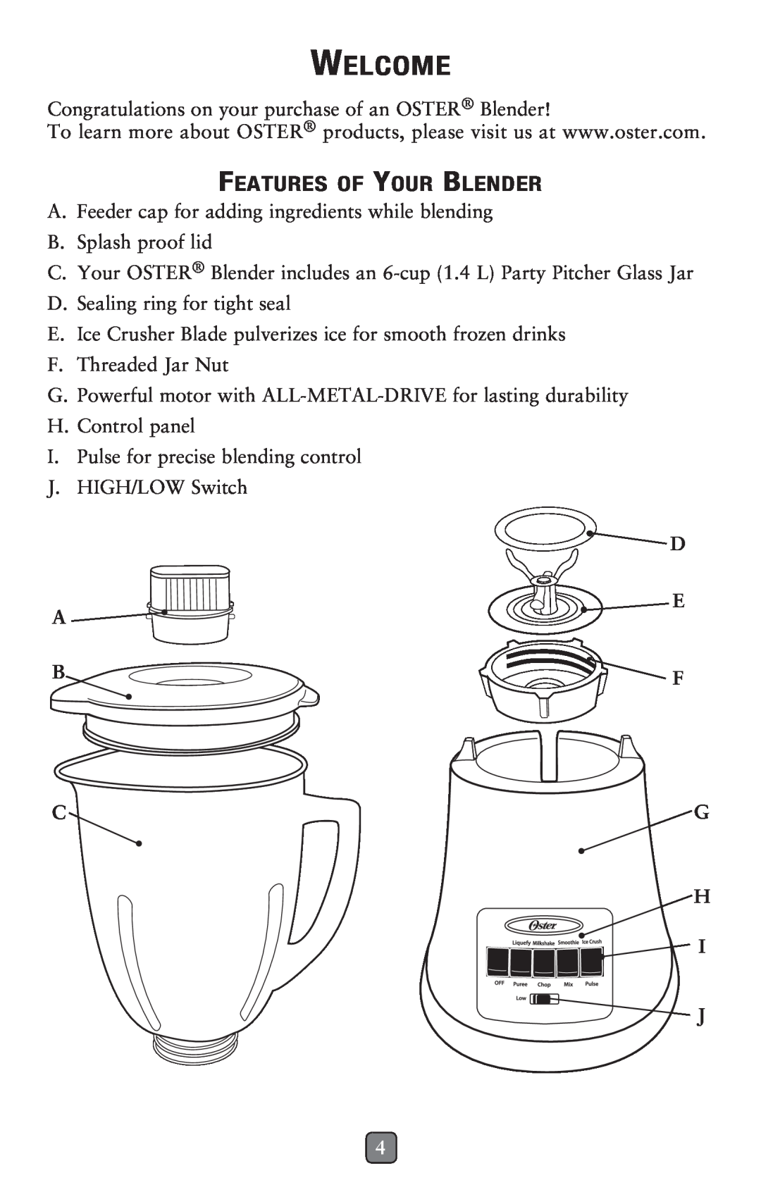 Oster BLSTMG-W, 133093-002 user manual Welcome, Features Of Your Blender, C G H I J 