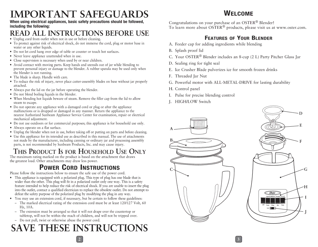 Oster BLSTMG user manual Power Cord Instructions, Welcome 