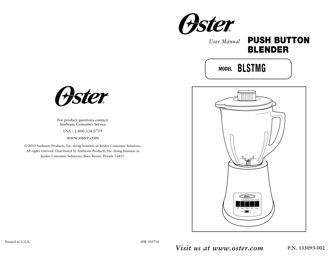 Oster BLSTMG user manual Blender, Model Blstmg, P.N 